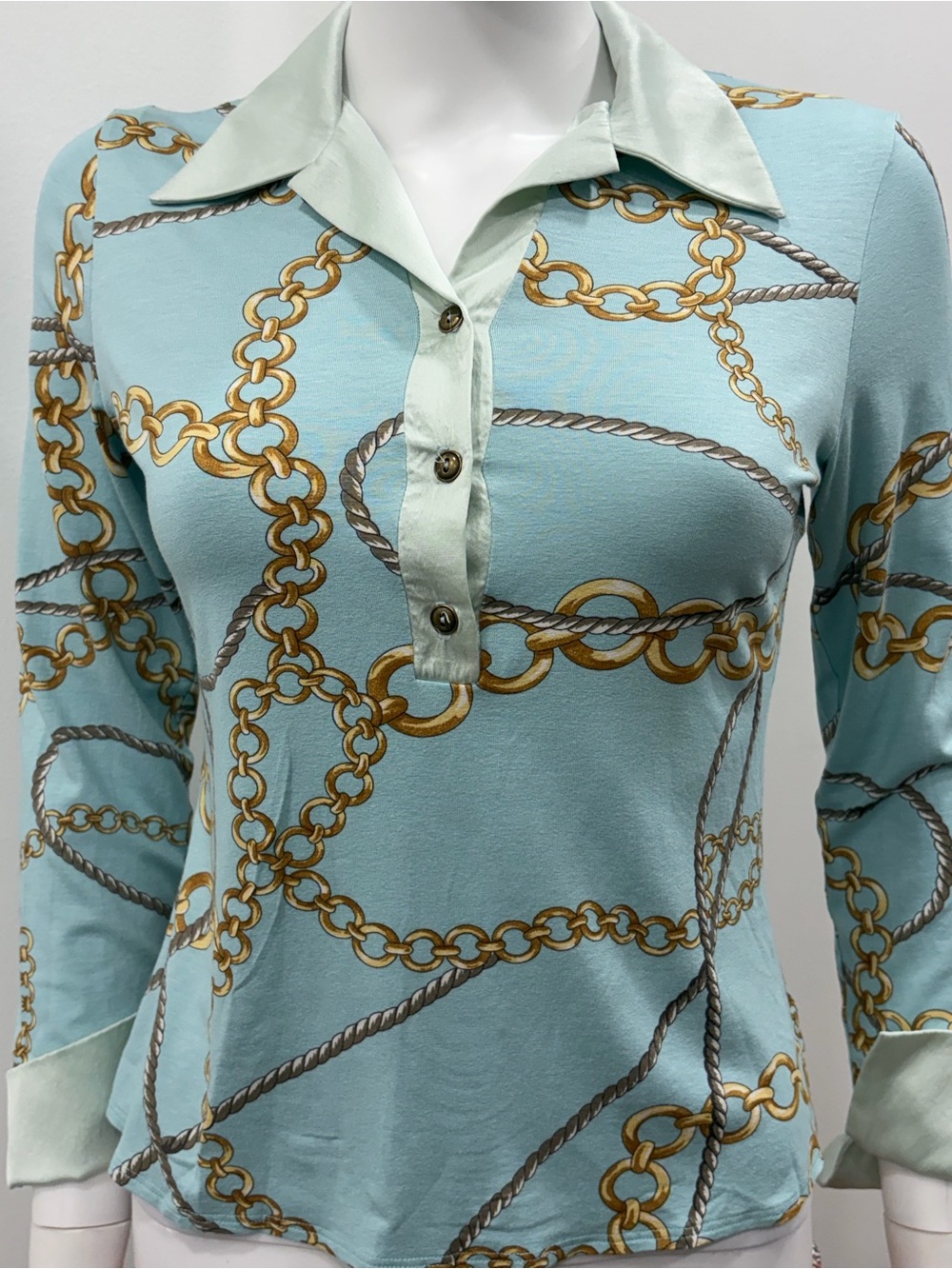 Vintage Equestrian Chain Link
Print Blouse -  Polo Style Top M